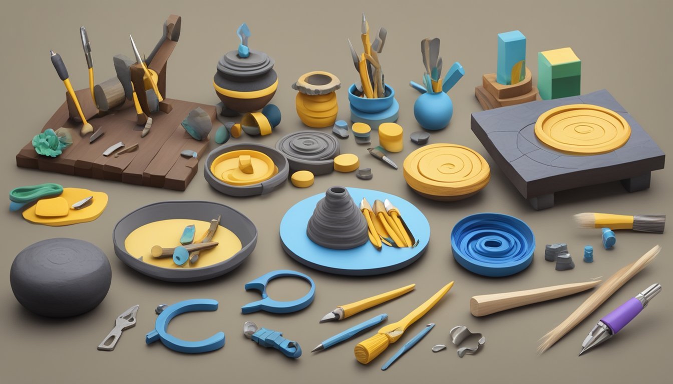 A table with various tools, small pieces of polymer clay, and a finished sculpture as an example