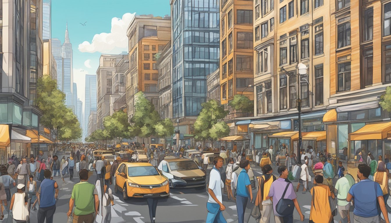 A bustling city street with tall buildings, traffic, and people walking.</p><p>The scene is filled with urban energy and movement