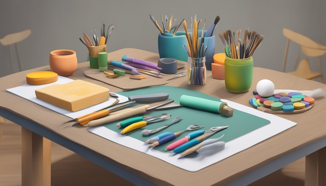 A table with polymer clay, sculpting tools, and a finished sculpture