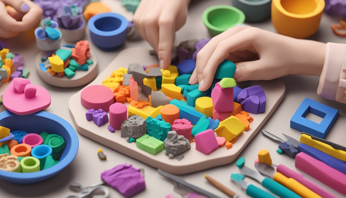 A pair of hands shaping polymer clay into intricate sculptures on a cluttered worktable, surrounded by various sculpting tools and colorful blocks of clay