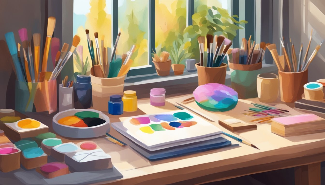 A table with craft kits, surrounded by colorful paints, brushes, and various crafting tools. A cozy workspace with natural light streaming in from a nearby window