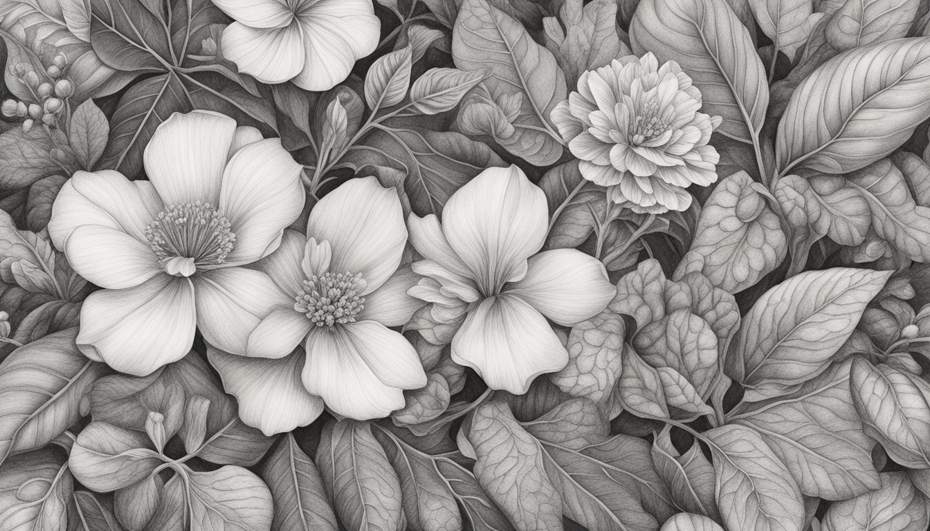 A close-up of a botanical arrangement with various leaves and flowers, intricately shaded and detailed in graphite pencil