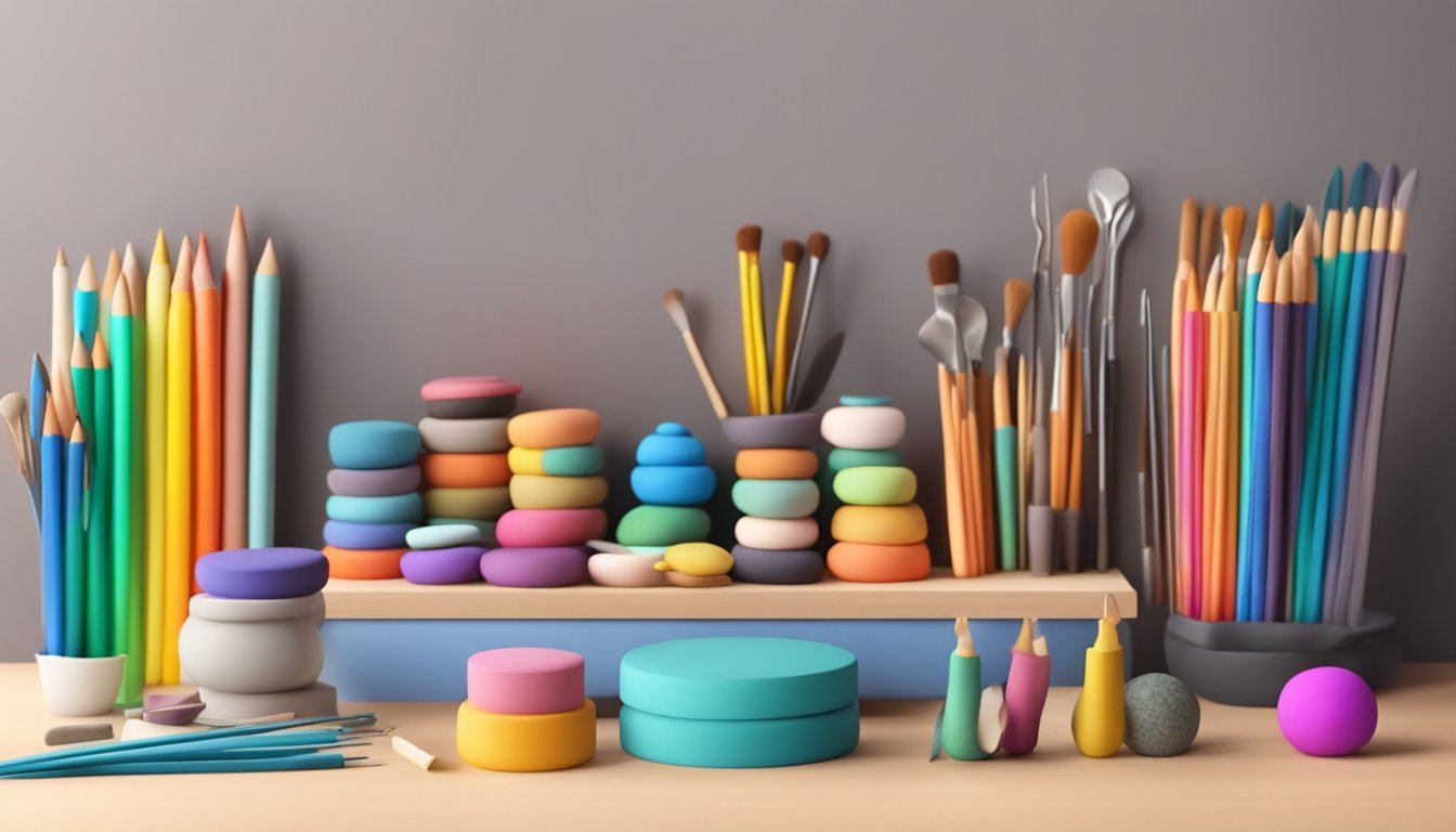 A table with various colors of polymer clay, sculpting tools, and finished sculptures displayed on a shelf