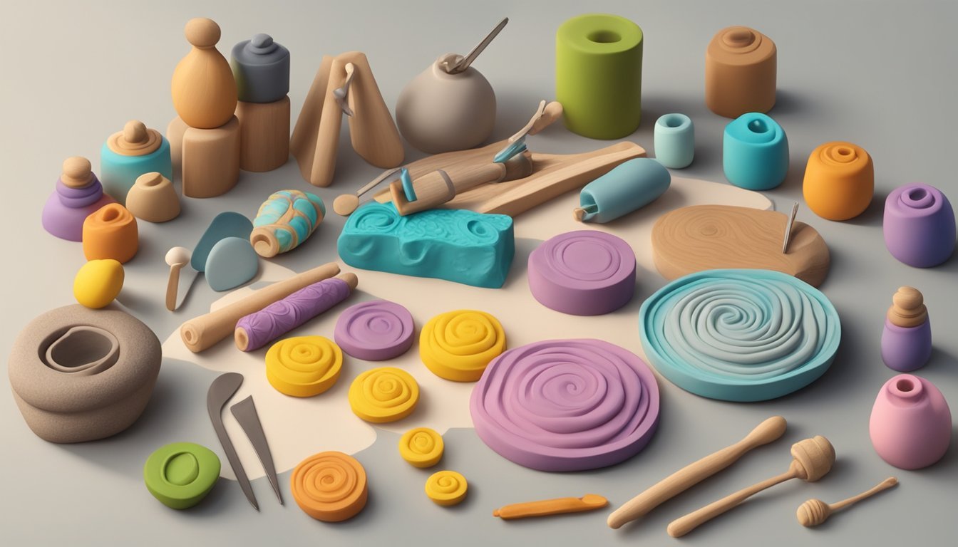 A table with polymer clay, sculpting tools, rolling pin, and various molds.</p><p>A finished sculpture displayed in the background