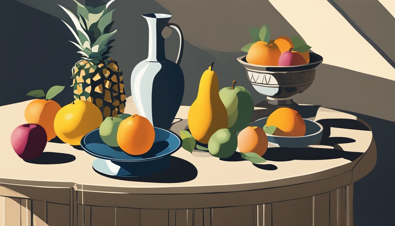 A still life setup with various objects arranged on a table, including fruit, vases, and other decorative items.</p><p>The scene is illuminated with natural light, casting dramatic shadows