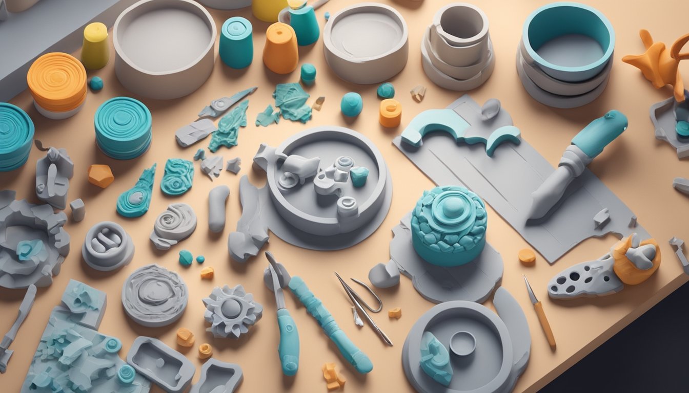 A pair of hands shaping polymer clay into a detailed sculpture on a clean, well-lit work surface.</p><p>Various tools and molds are scattered around the workspace