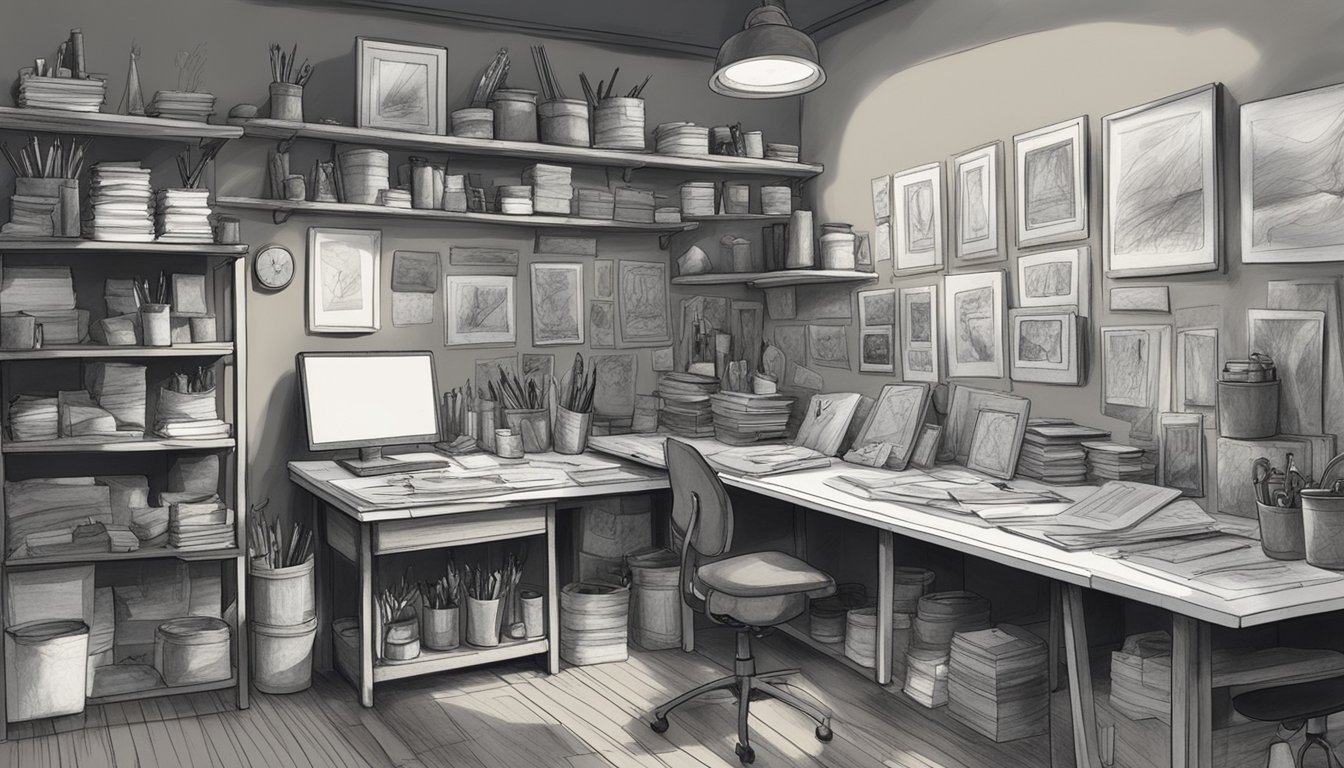 A cluttered art studio with various charcoal and graphite sketches pinned to the wall.</p><p>Shelves hold supplies and finished pieces, while a work table is covered in smudged paper and tools