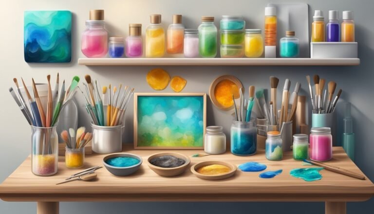 Art supplies on a wooden table: paints, brushes, jars, and a painting