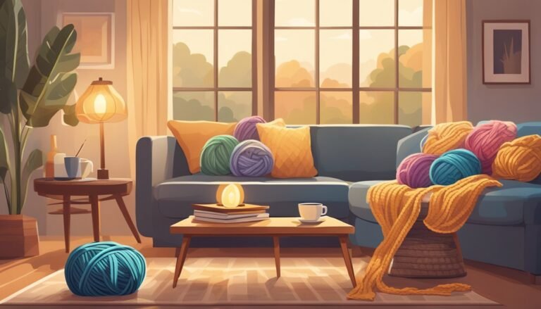 Cozy living room with yarn balls on a couch and a large window