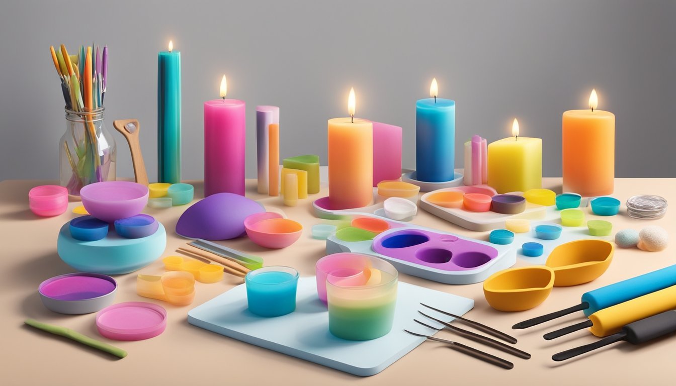 Vibrant candle molds and dyes arranged on a clean, well-lit work surface, with a variety of tools and materials ready for use