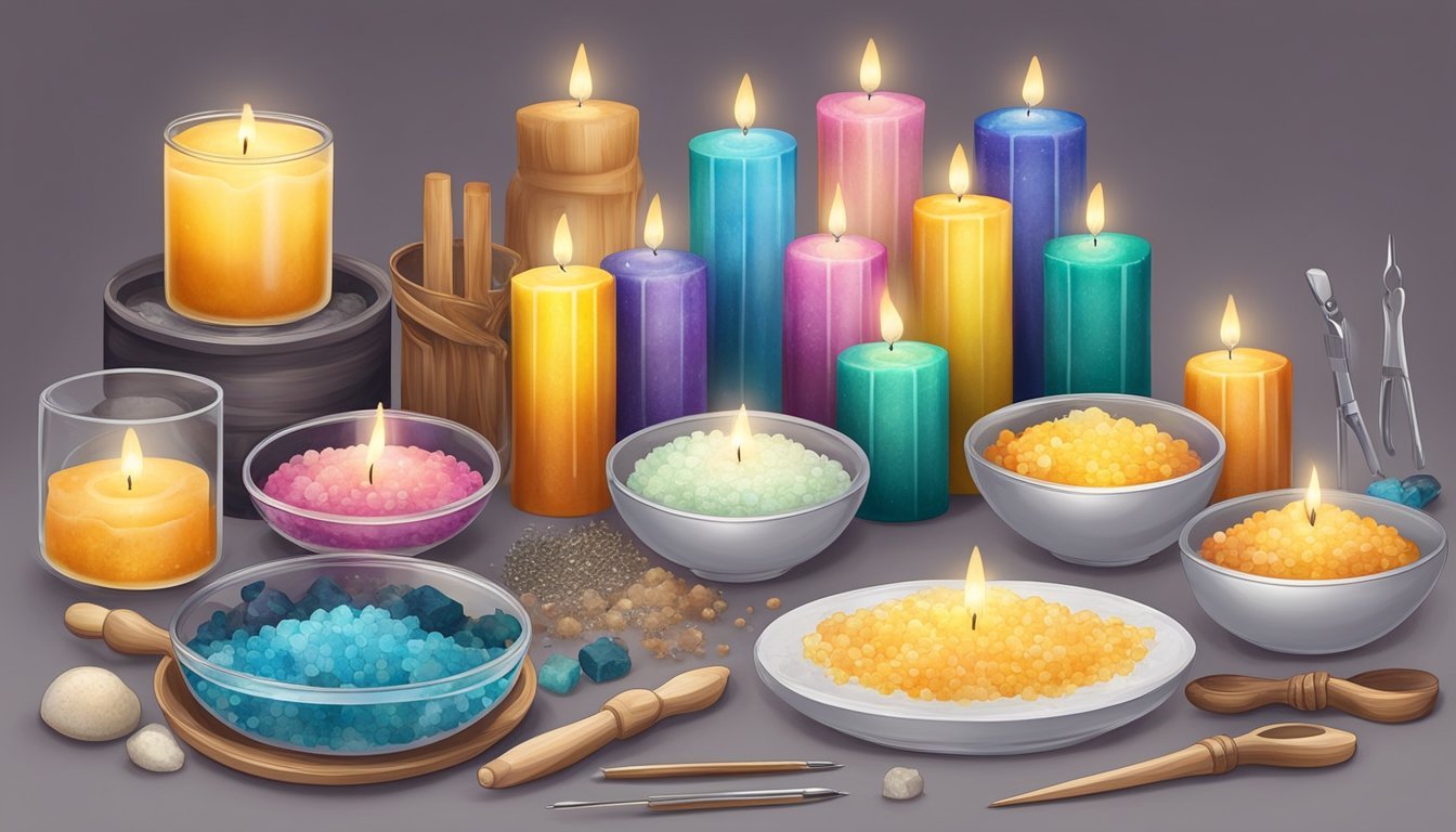 A table with various molds and dyes, surrounded by soy wax crystals and tools for candle making
