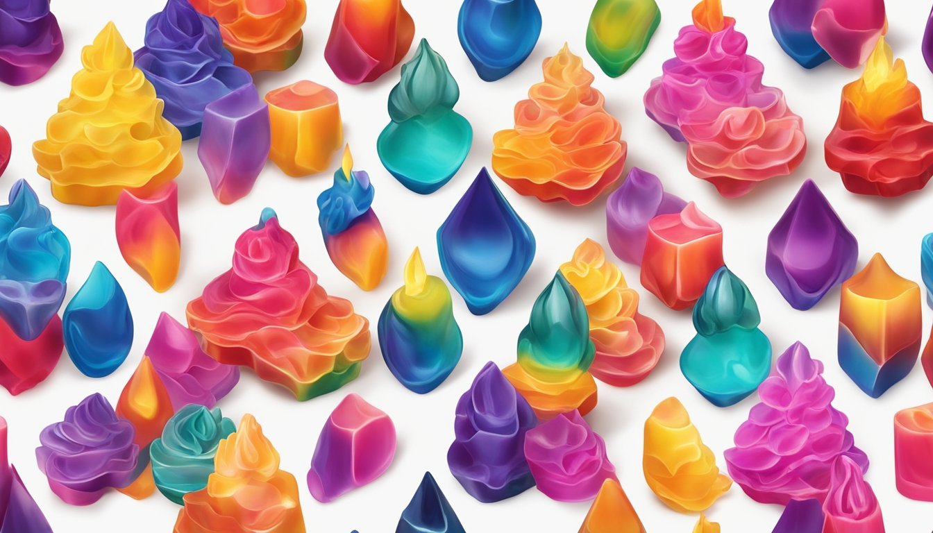 Vibrant dye chips melting into clear candle wax in various mold shapes, creating a stunning array of colorful designs