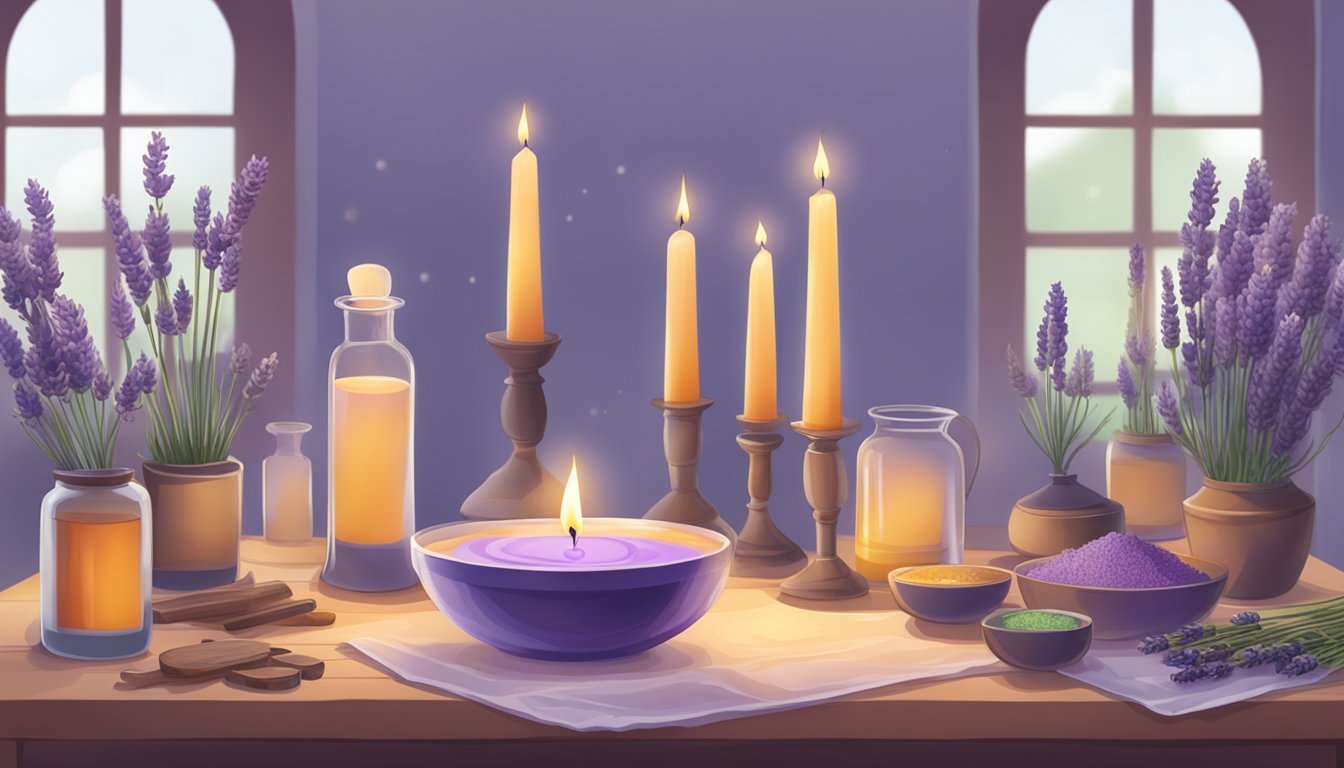 A serene scene with a table set up for candle making, featuring lavender essential oil, molds, and dyes