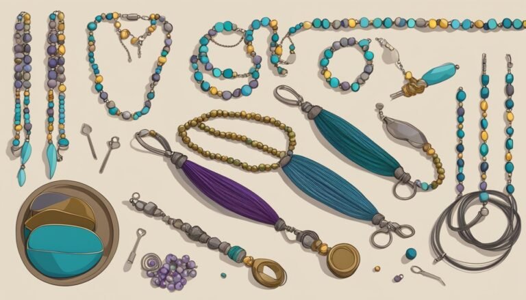 Jewelry illustration: necklaces, bracelets, tassels, and other accessories with colorful beads