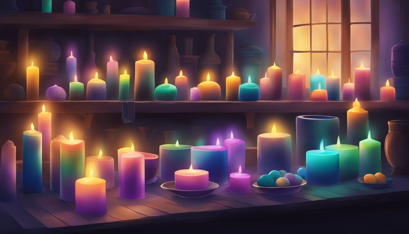 A dark room with glowing candles in various molds, emitting a soft, ethereal light from the glow-in-the-dark pigments mixed with dyes