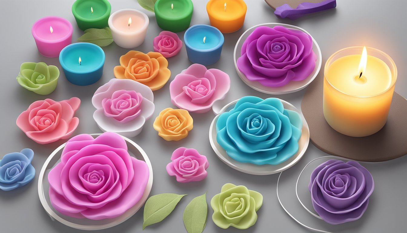 A table with a silicone rose mold, colorful dyes, and a finished candle design