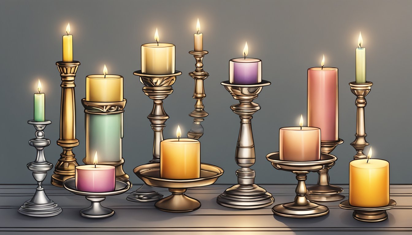 A table with various candle molds and metallic dye pack.</p><p>A lit candle showcasing stunning designs