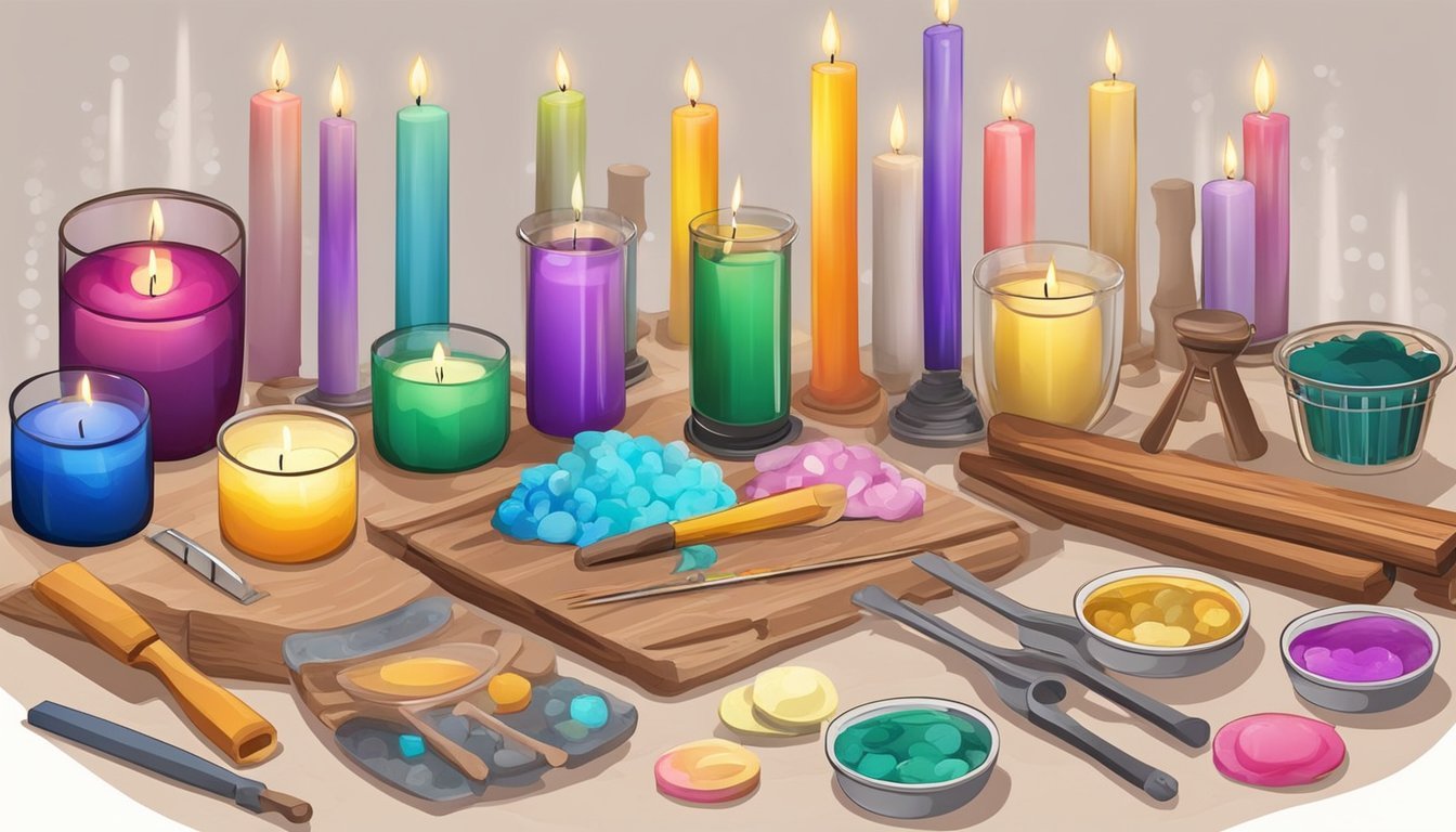 A table with various candle molds and colorful dyes, surrounded by tools and materials for candle making