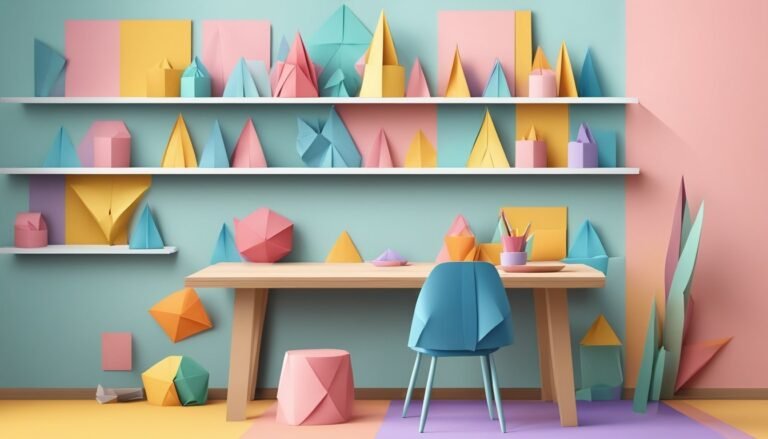 Colorful origami shapes on shelves and desk in a pastel room