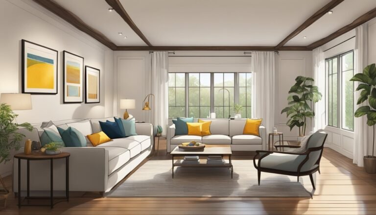Living room with white sofas, abstract art, and large windows with plants