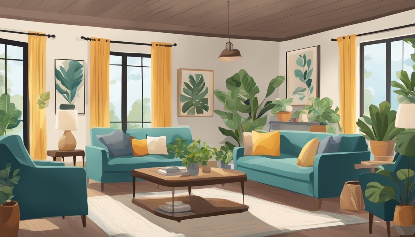 A cozy living room with a variety of artwork displayed on the walls, including paintings, photographs, and sculptures. The room is well-lit and inviting, with comfortable seating and plants adding to the ambiance