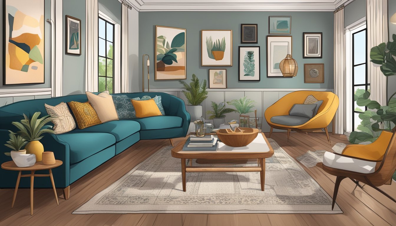 A cozy living room with a mix of modern and vintage furniture, adorned with an eclectic collection of art pieces from various periods and styles