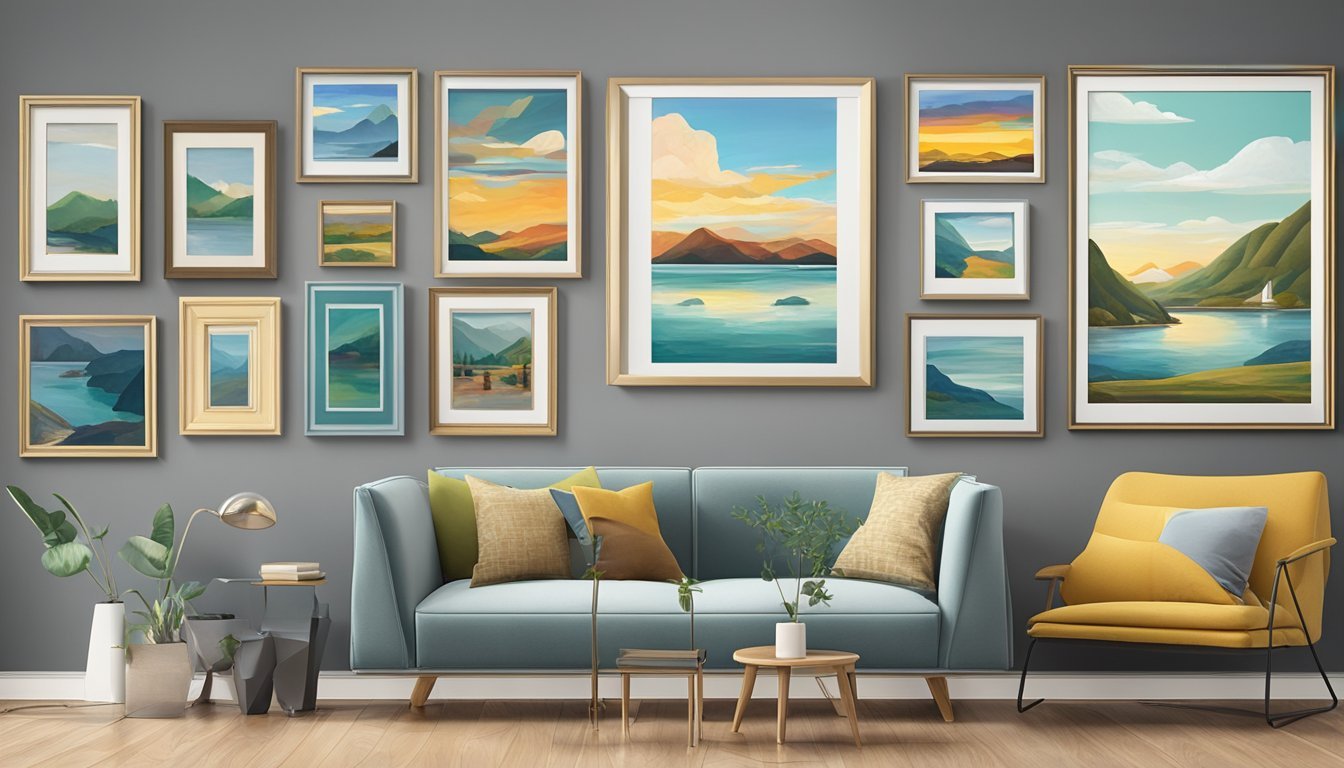 A collection of artwork displayed in different frame styles on a gallery wall