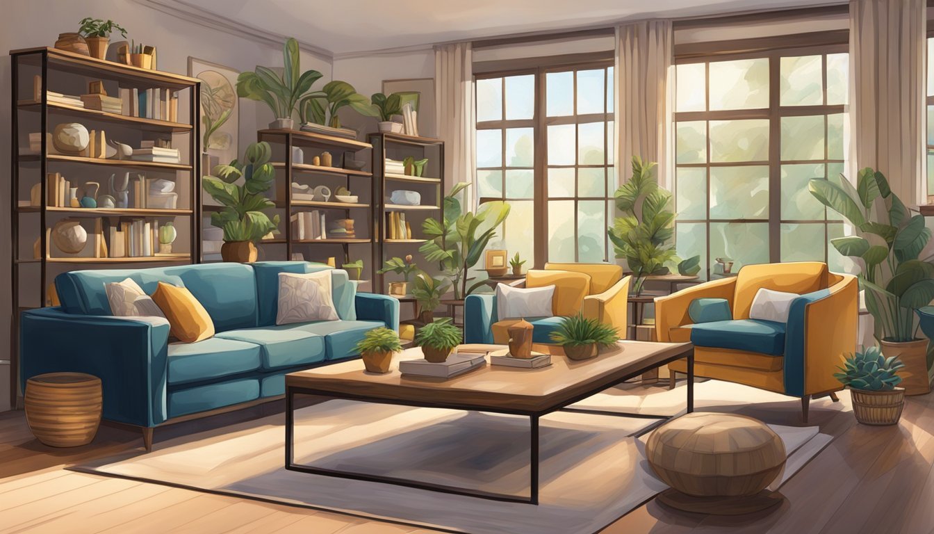 A cozy living room with sculptures displayed on shelves, tables, and pedestals, surrounded by comfortable seating and soft lighting