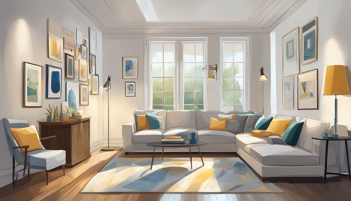 A well-lit room with various art pieces displayed on clean, white walls. Spotlights highlight each piece, creating a personal home art gallery