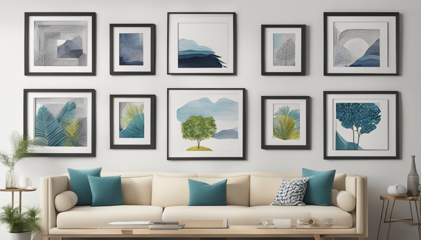 A living room wall with 7 frames, each showcasing a different piece of artwork. The frames are arranged in a regular rotation pattern