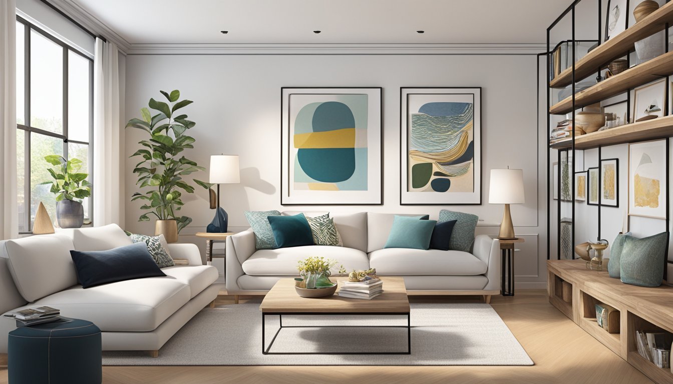 A cozy living room with white walls and track lighting, featuring a variety of framed artwork displayed on floating shelves and a gallery wall