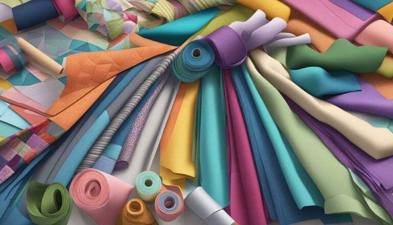 Colorful fabric swatches and spools of thread arranged in a vibrant display