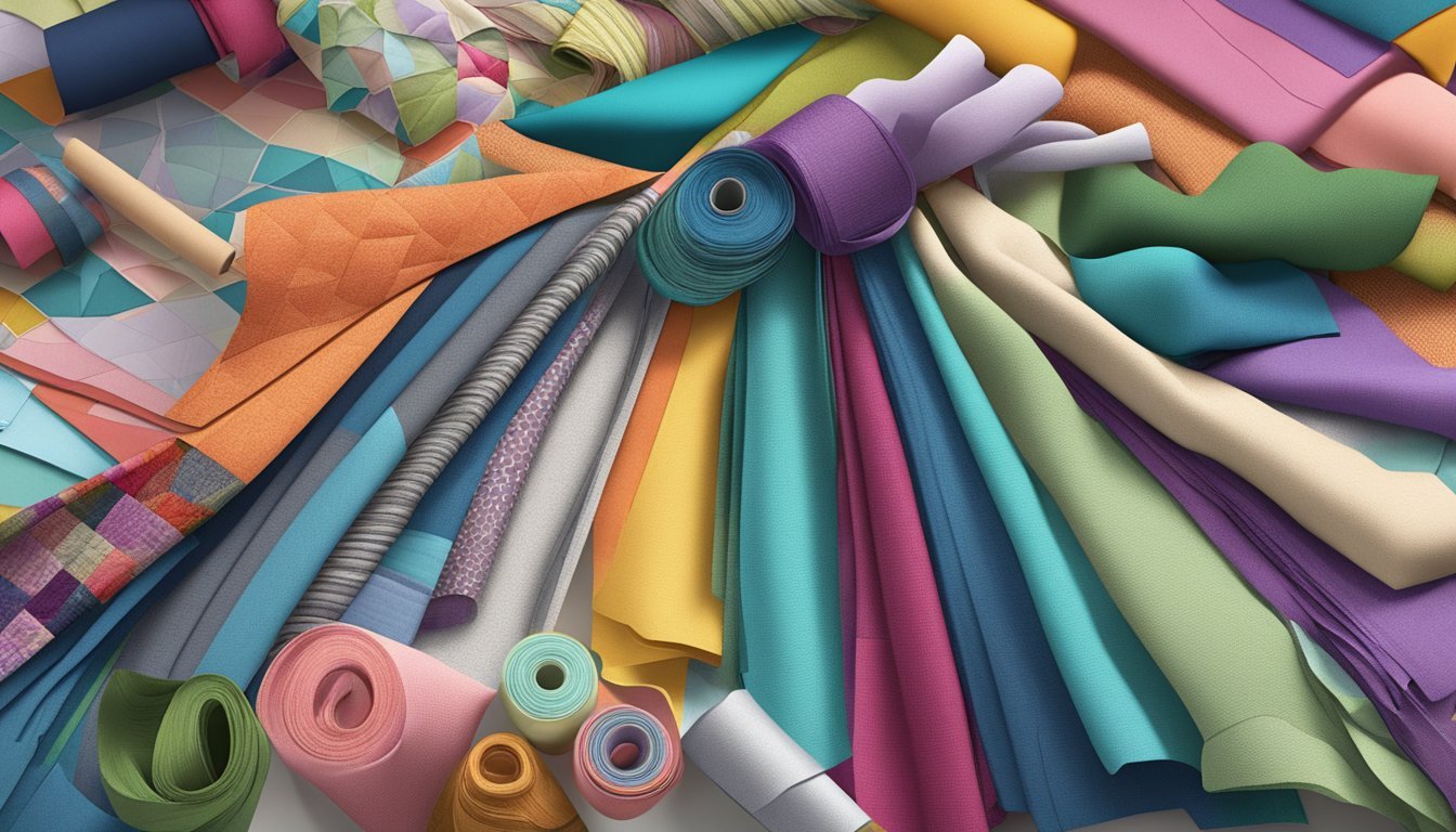 A colorful array of fabric scraps arranged in a neat pile, surrounded by sewing tools and a finished quilt as inspiration