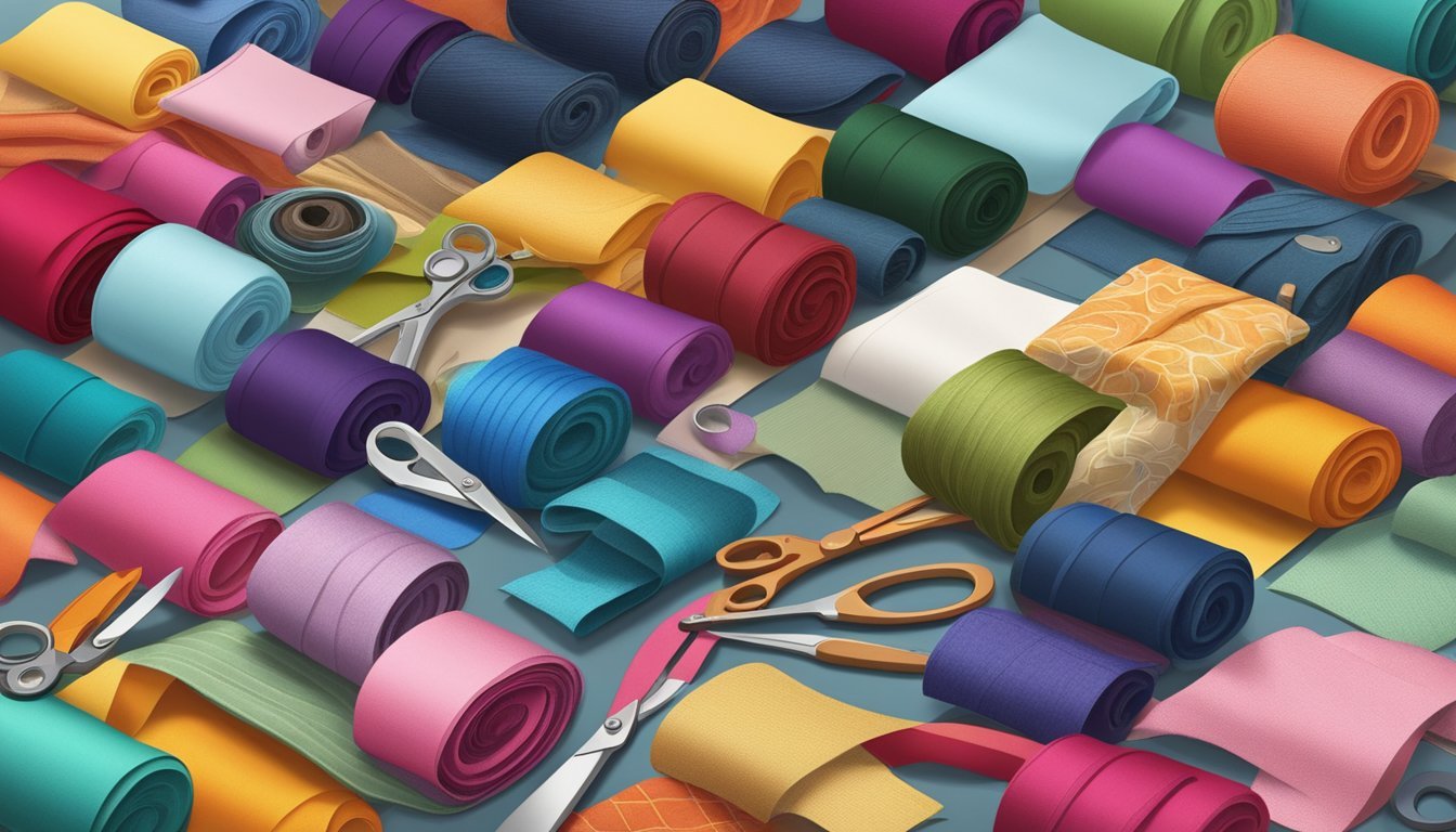 A colorful array of fabric scraps arranged on a table, surrounded by scissors, thread, and a sewing machine