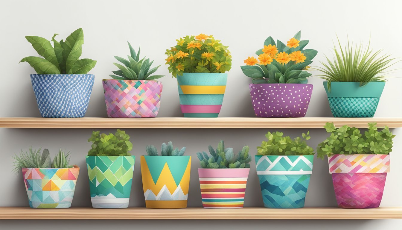 A variety of planters wrapped in colorful fabric scraps, displayed on a wooden shelf against a white background