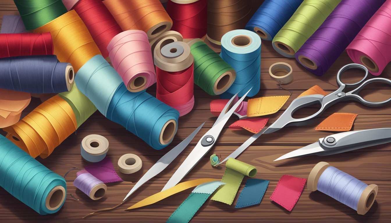 A colorful array of fabric scraps scattered on a wooden table, with scissors, thread, and a sewing machine nearby