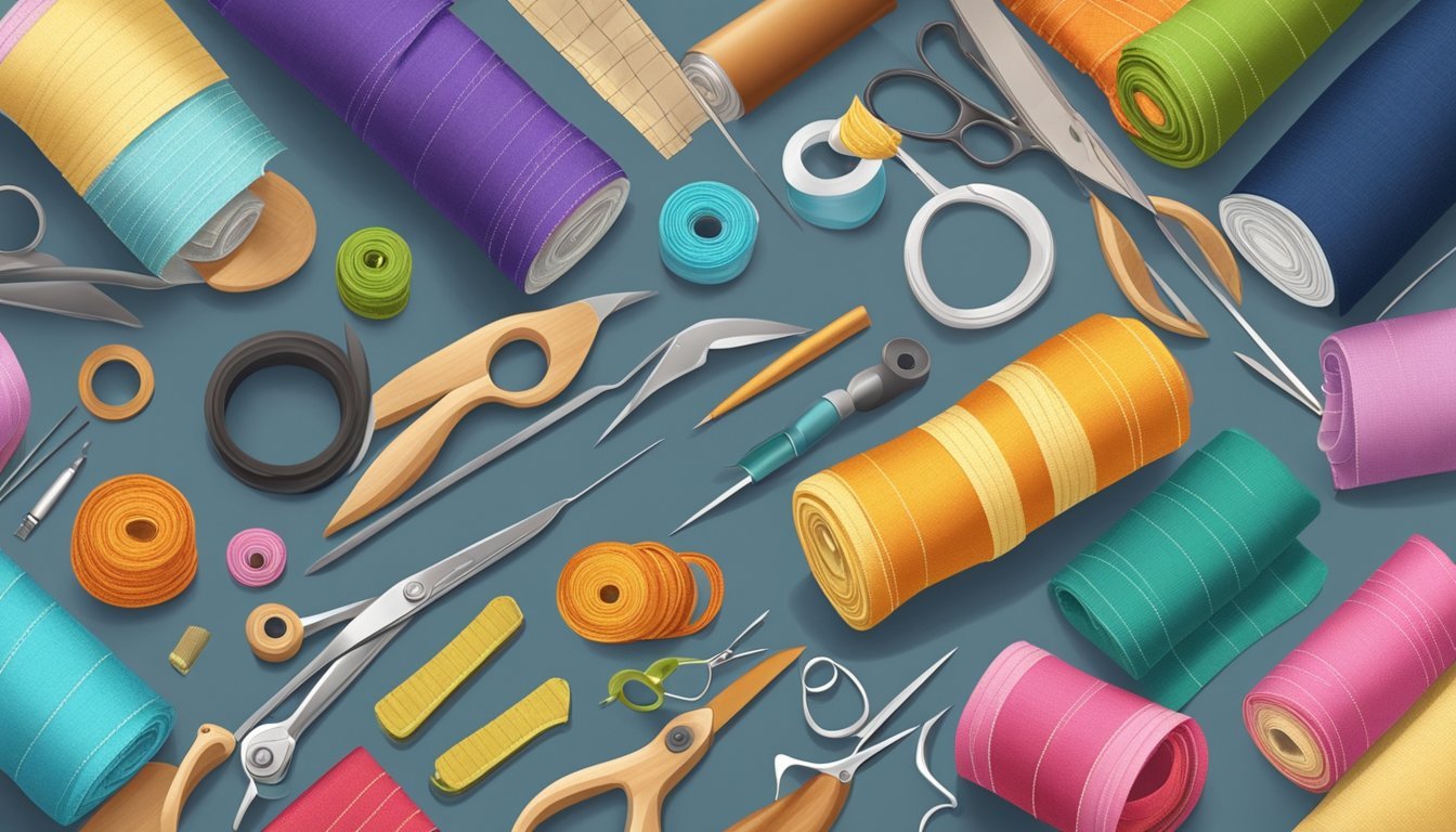 A colorful array of fabric scraps arranged in a neat and organized manner, with various sewing tools and materials scattered around on a work table