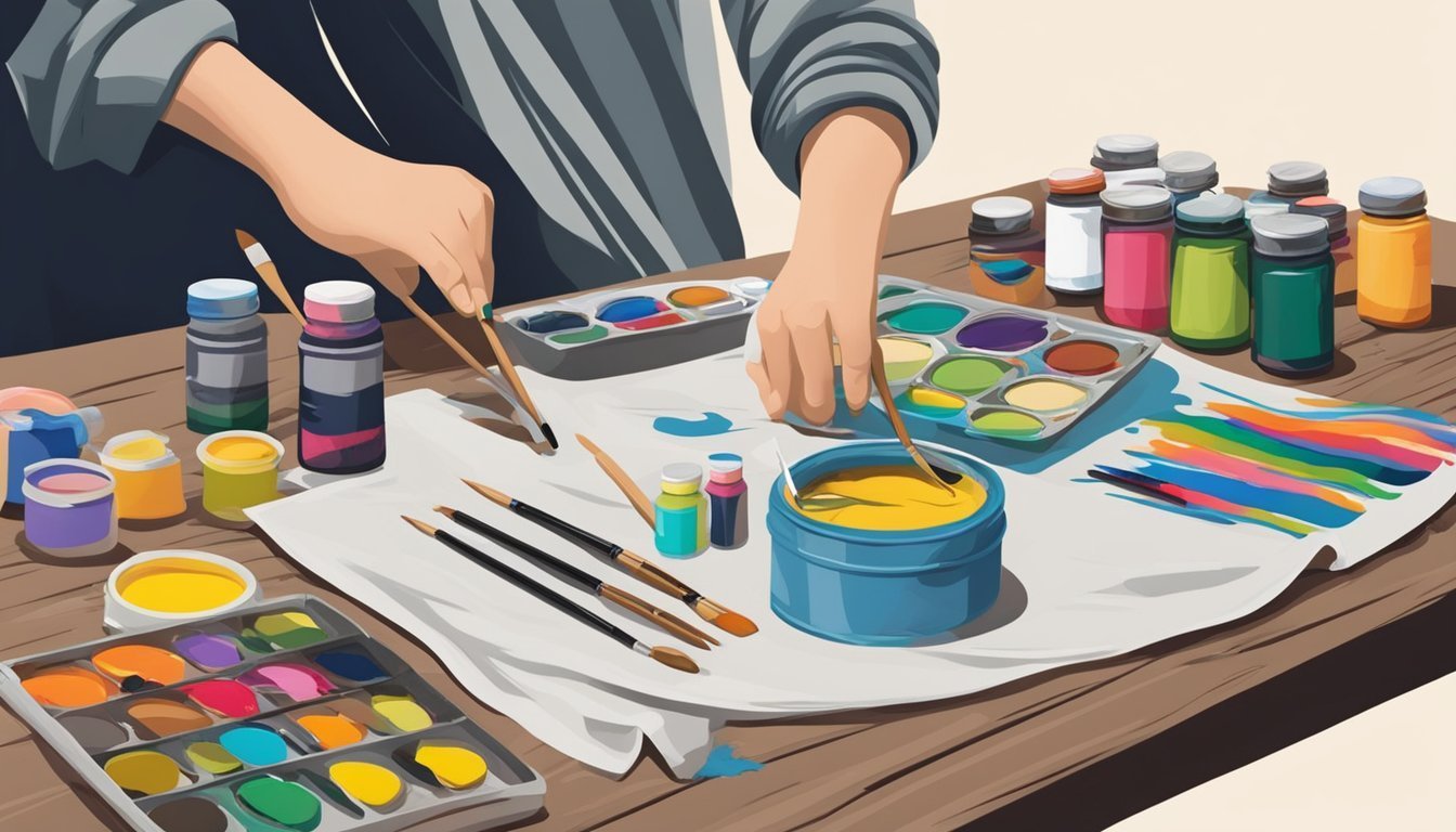 Hands painting with brushes, paint jars, and palettes on a wooden table