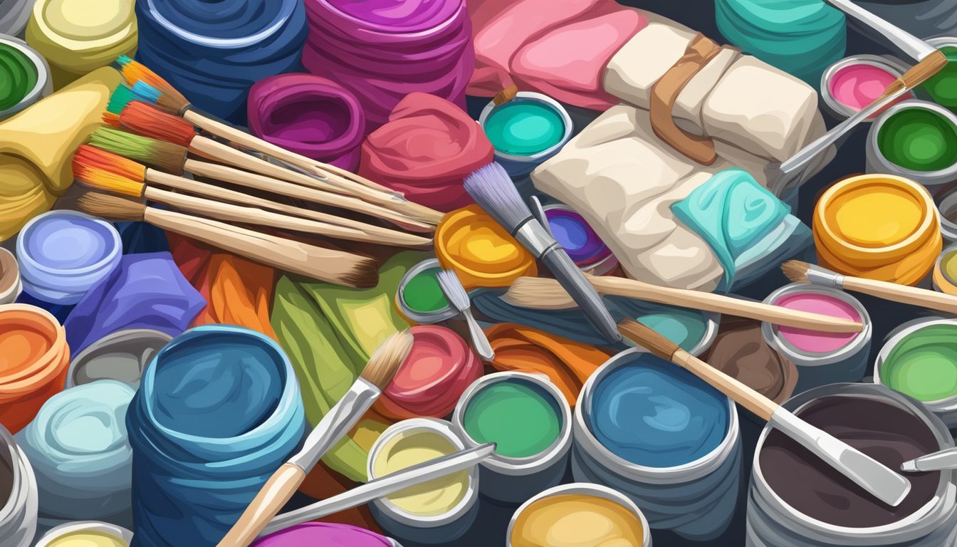 A pile of colorful fabric paints and paintbrushes next to a stack of freshly washed and dried clothing items ready to be customized