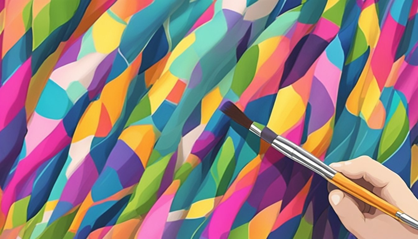 A hand holding a paintbrush applies colorful fabric paint to a piece of scrap fabric, creating unique designs and patterns