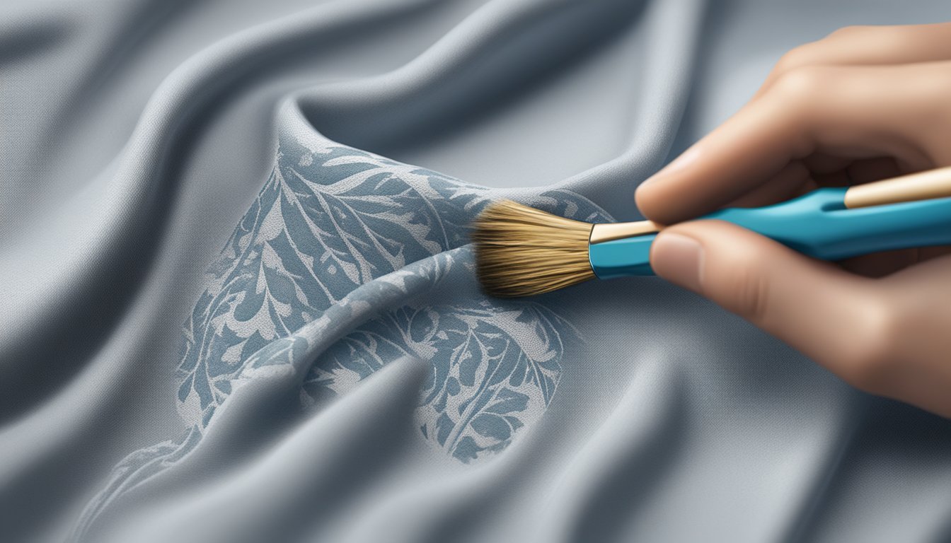 A hand holding a stencil firmly against a piece of fabric while applying fabric paint with a brush, creating a precise and customized design