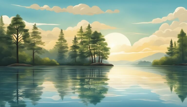 Scenic landscape painting of a lake, trees, clouds, and a bright sun