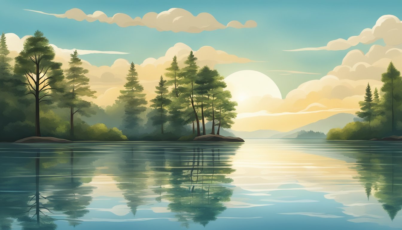 Scenic landscape painting of a lake, trees, clouds, and a bright sun