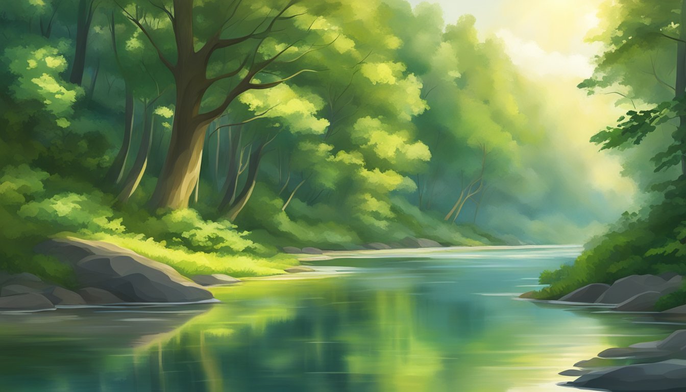 A serene river flowing through a lush forest, reflecting the surrounding greenery and sunlight dappling the water's surface