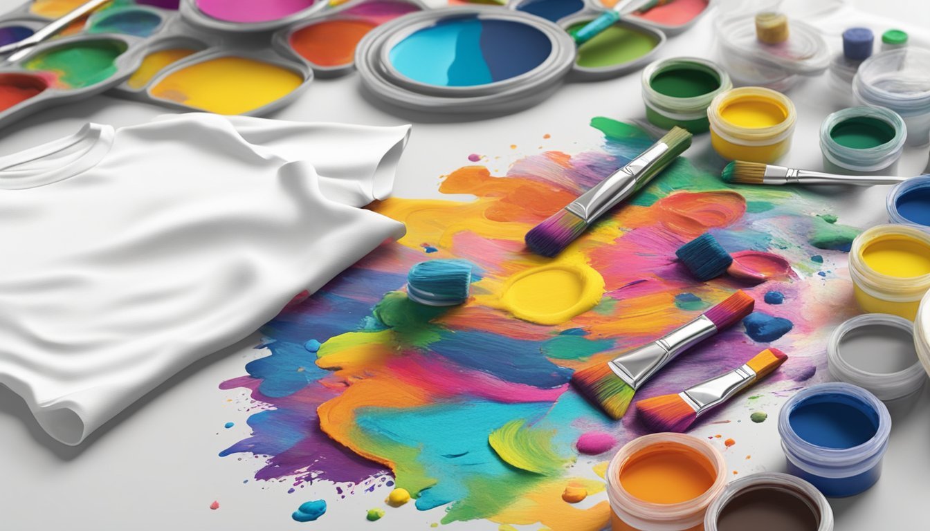 A table with various fabric paints and brushes, next to a plain white t-shirt.</p><p>Brightly colored splatters and swirls cover the shirt, showcasing the creative potential of fabric paints