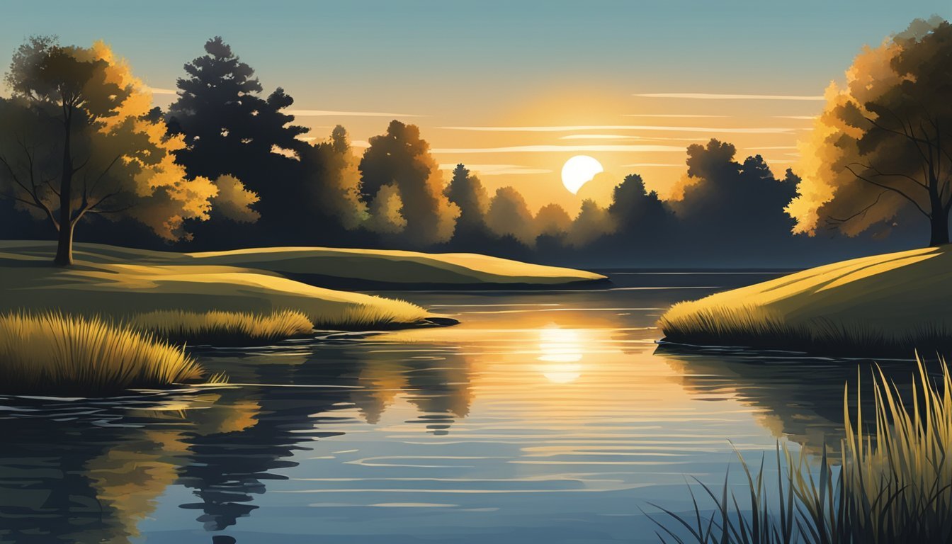 A tranquil pond at dusk, with the setting sun casting long shadows across the rippling water, creating a striking contrast between light and darkness