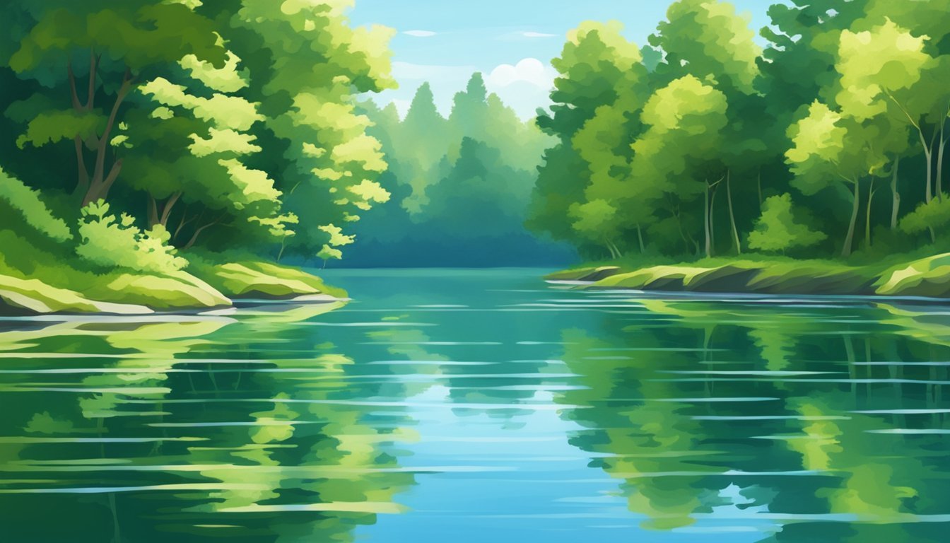 A serene lake reflecting the cool blue sky, surrounded by lush green trees and vegetation.</p><p>Gentle ripples on the water's surface capture the play of light and shadow