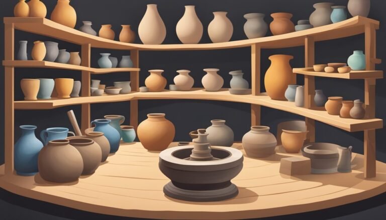 Pottery studio with shelves of vases and a pottery wheel