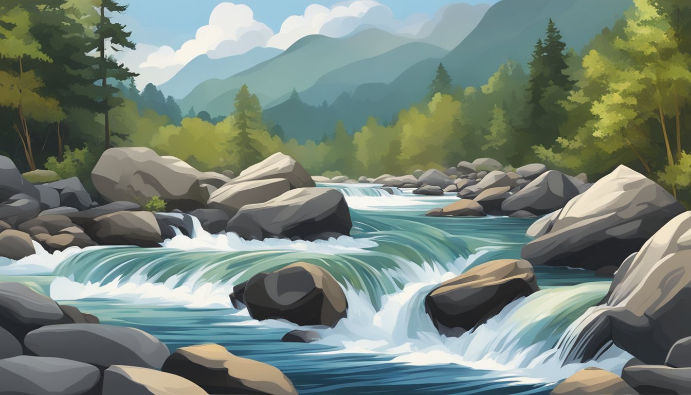 Rushing river with cascading water over rocks, creating dynamic movement and flow