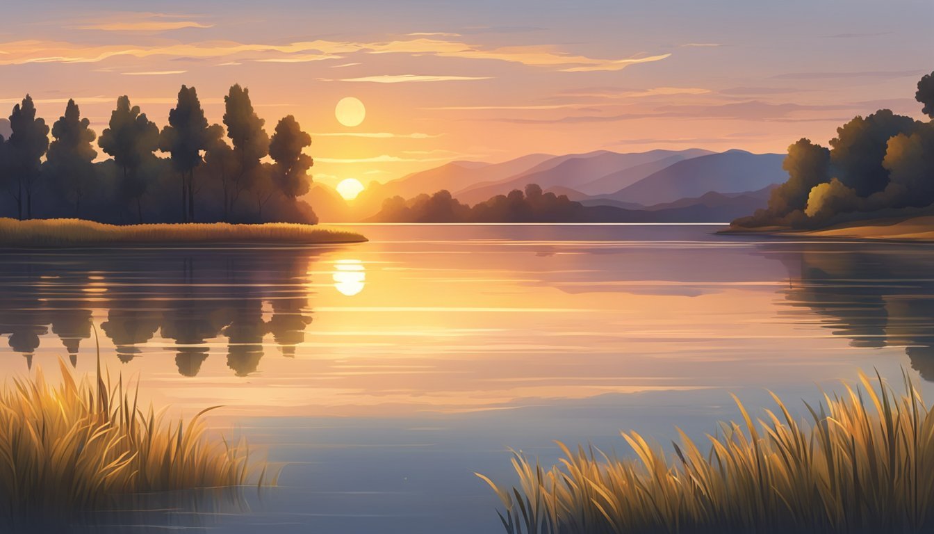Sunset over a tranquil lake, with gentle ripples and waves reflecting the warm, golden light